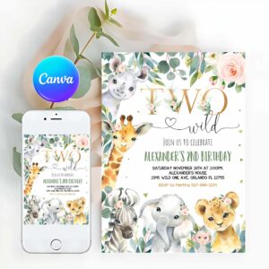 Two Wild Invitation, Safari Birthday Invitation, Girl Two Wild Birthday Invitation, 2nd Gold Jungle Invitation