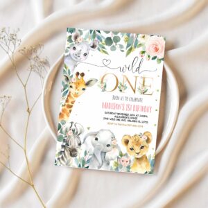 Editable safari birthday invitation girl wild one 1st birthday invite gold jungle animals invitations printable template invite 1