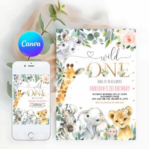 Wild One Invitation, Safari Birthday Invitation, Girl Wild One 1st Birthday, Birthday Invitation, Gold Jungle Invitation