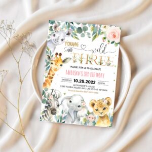 Editable safari birthday invitation girl young wild and three birthday invite 3rd jungle animals invite printable template 1