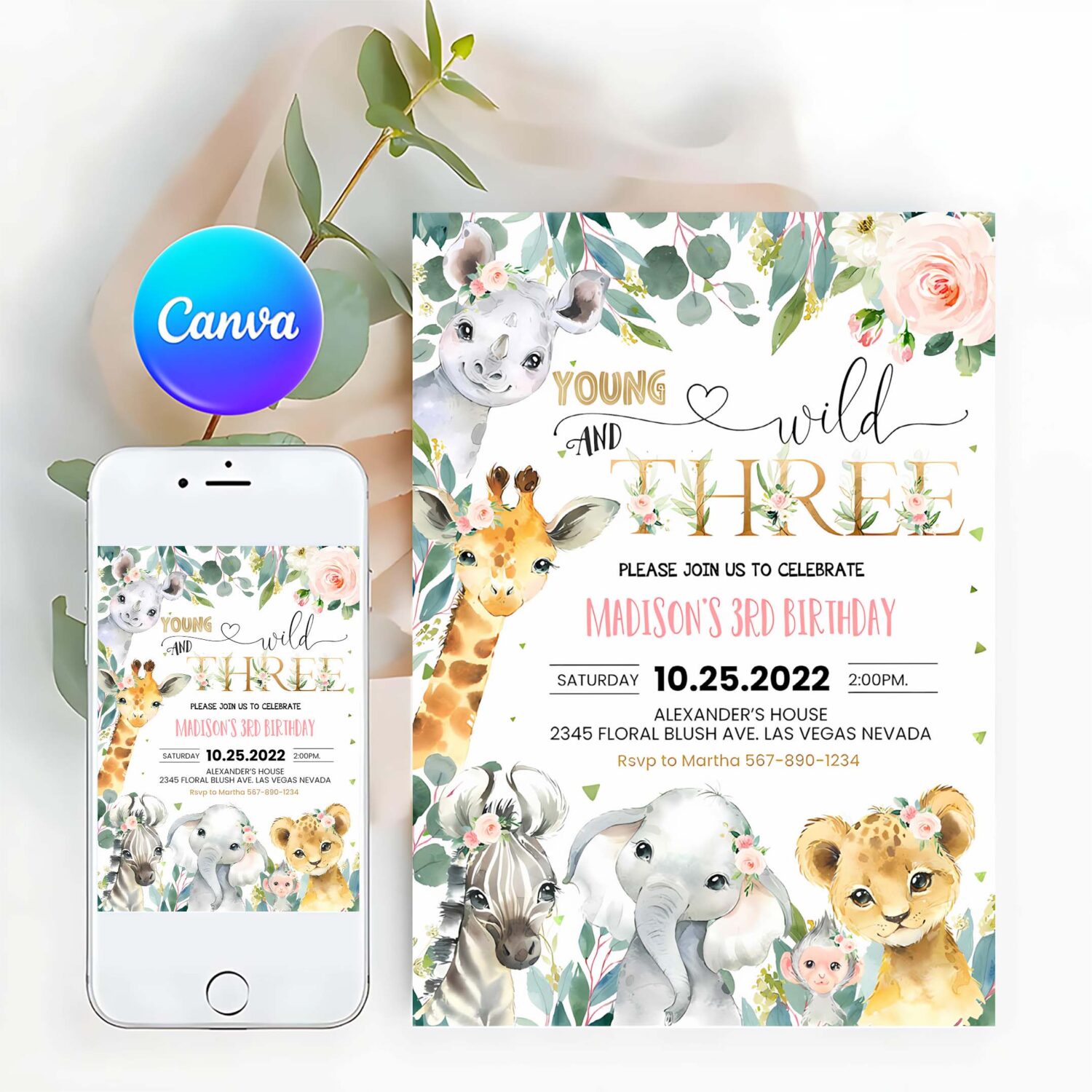 Editable safari birthday invitation girl young wild and three birthday invite 3rd jungle animals invite printable template