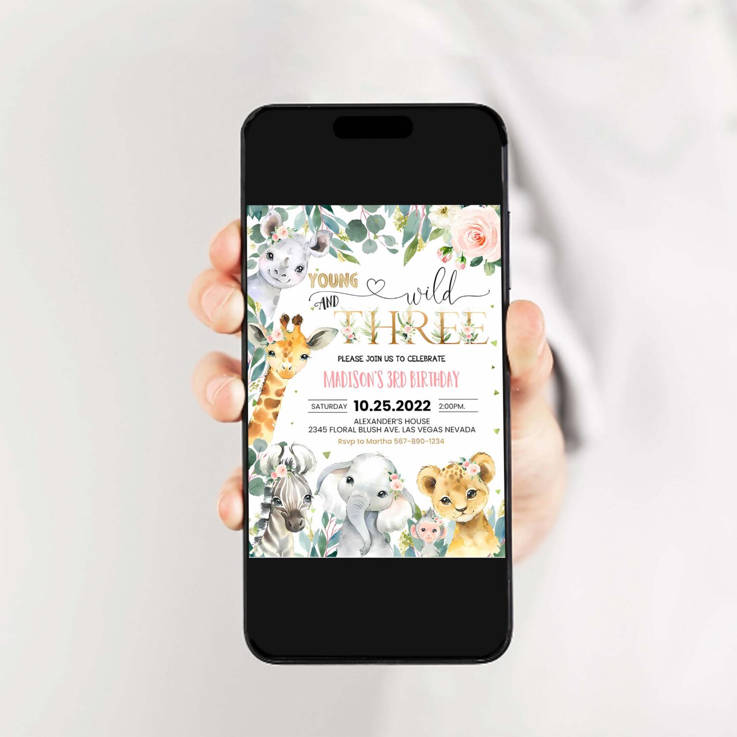 Editable safari birthday invitation girl young wild and three birthday invite 3rd jungle animals invite printable template 2