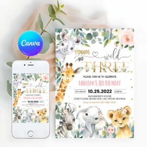 Young Wild And Three Invitation, Safari Birthday Invitation, Girl Young Wild and Three Birthday Invitation 3rd Invitation