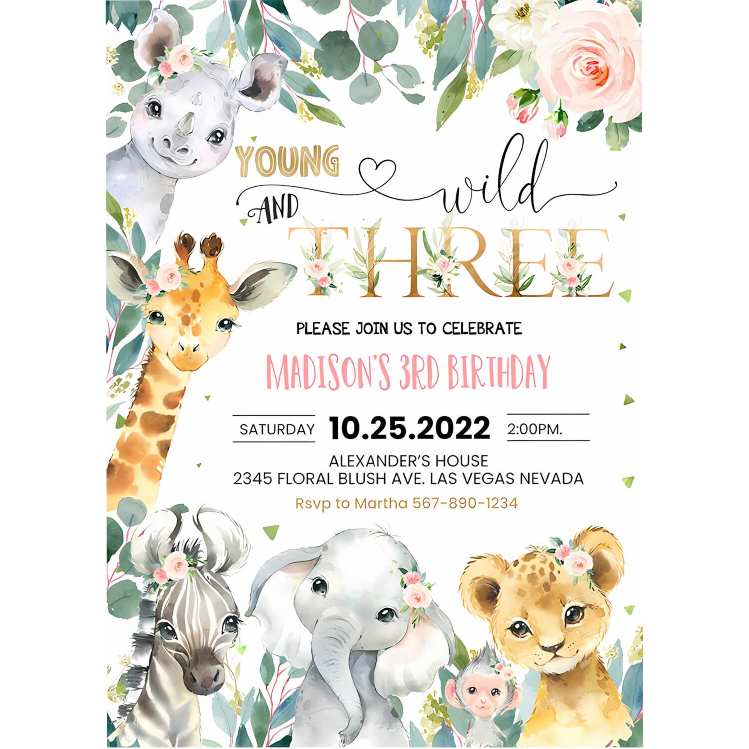 Editable safari birthday invitation girl young wild and three birthday invite 3rd jungle animals invite printable template 4