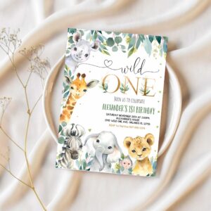 Editable safari birthday invitation wild one 1st birthday invite gold jungle animals invitations printable template 1