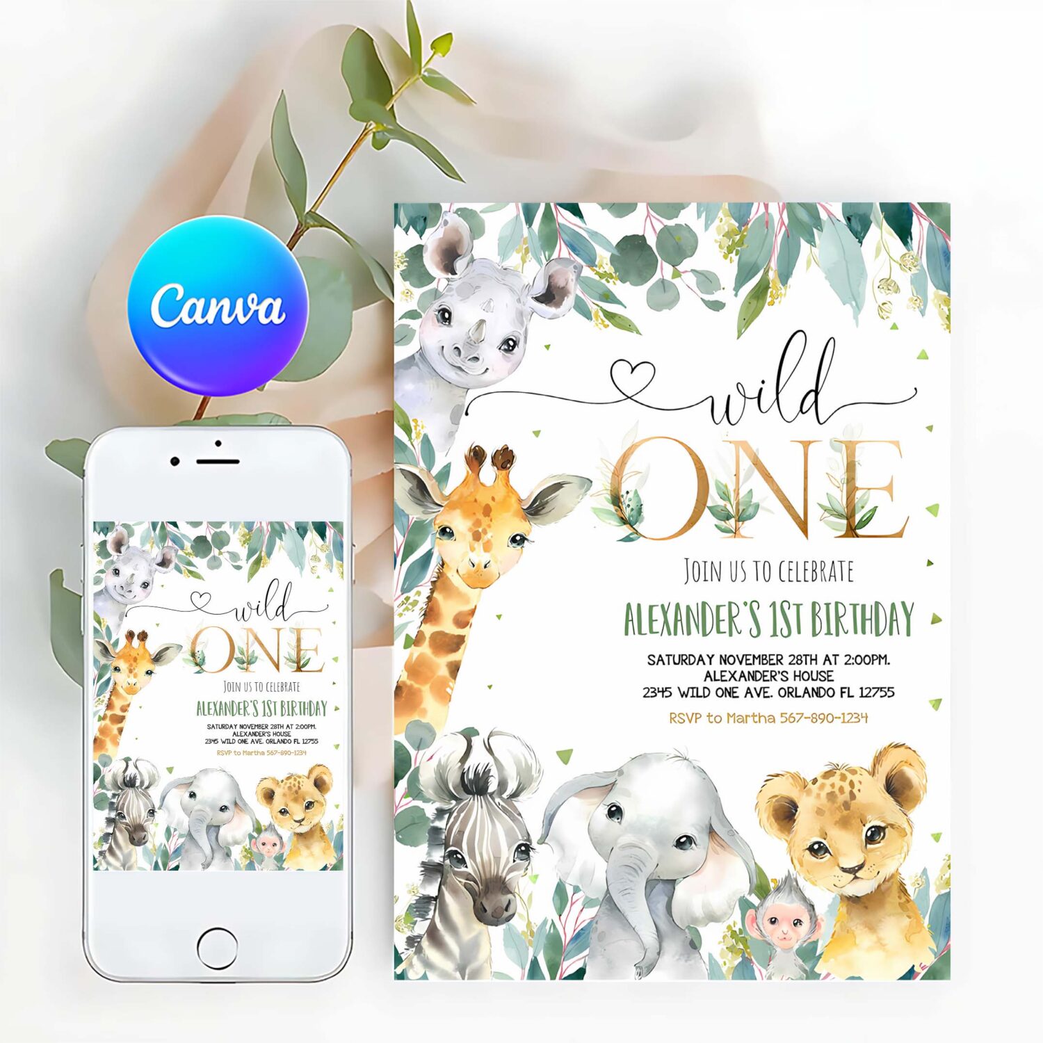 Editable safari birthday invitation wild one 1st birthday invite gold jungle animals invitations printable template
