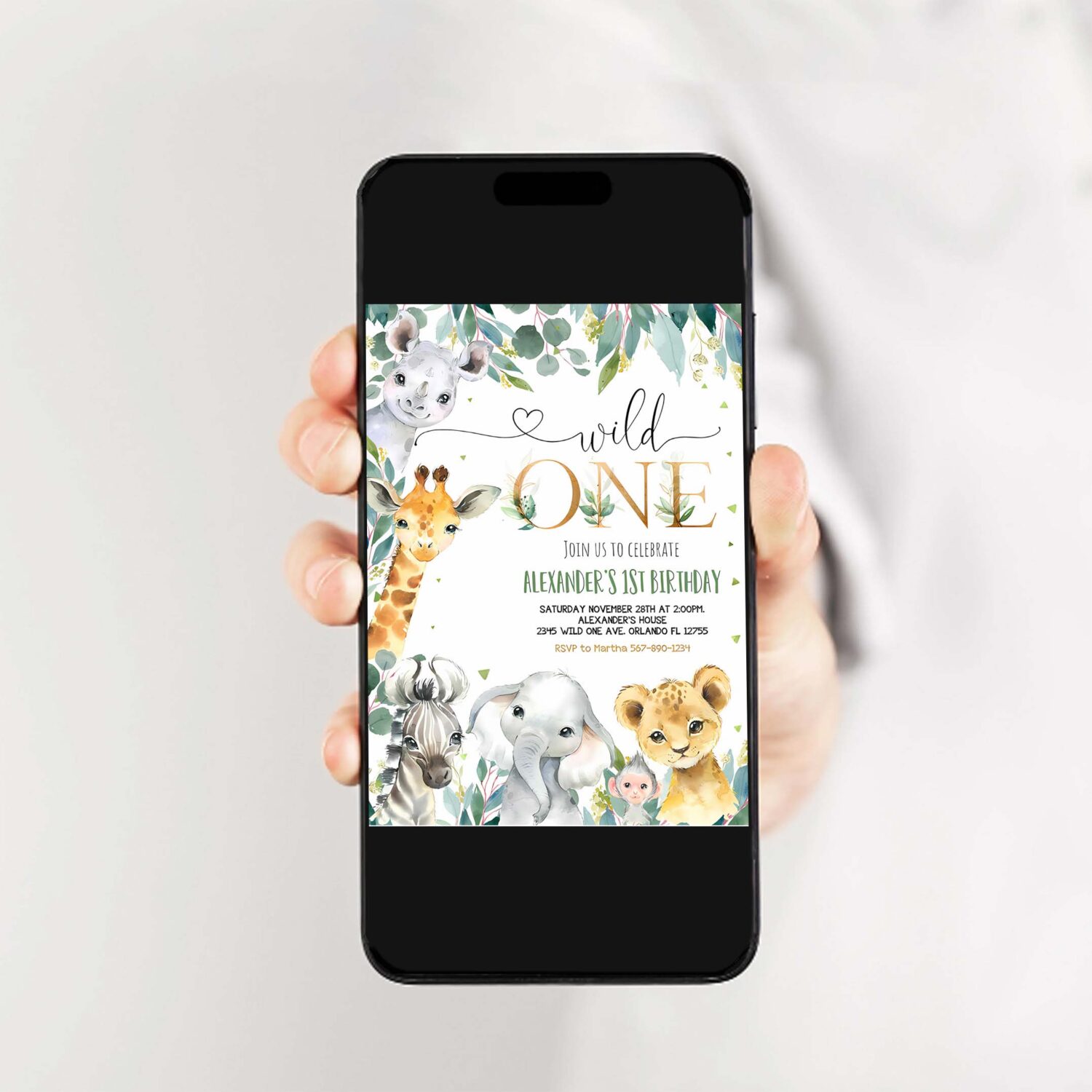 Editable safari birthday invitation wild one 1st birthday invite gold jungle animals invitations printable template 2