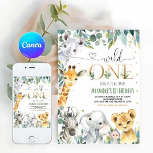 Wild One Invitation, Safari Birthday Invitation, Wild One 1st Birthday, Birthday Invitation, Gold Jungle Animals Invitation