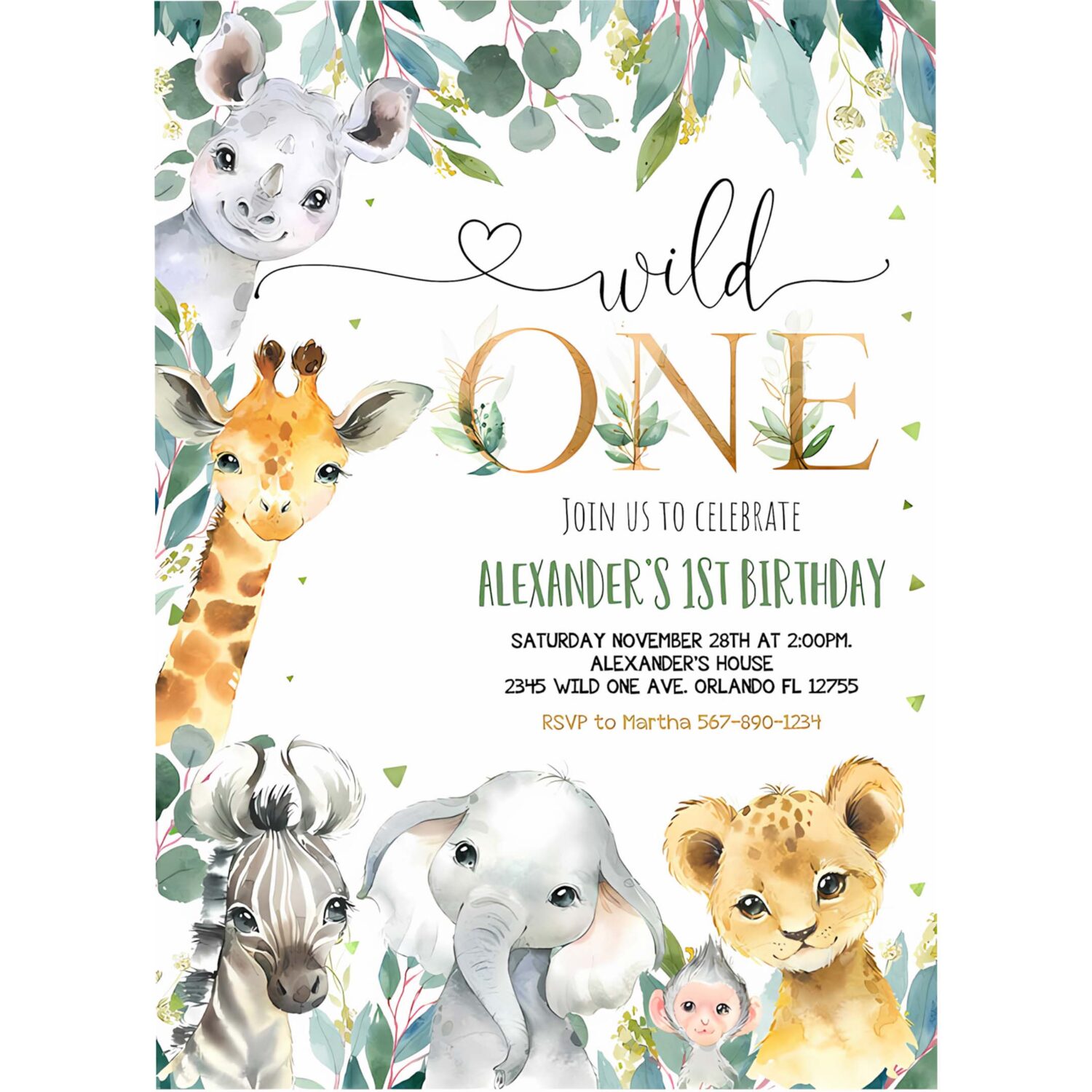 Editable safari birthday invitation wild one 1st birthday invite gold jungle animals invitations printable template 4