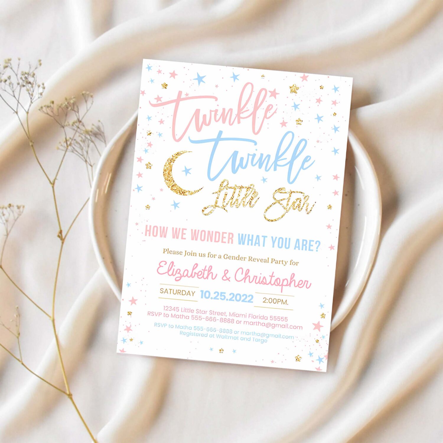 Editable twinkle twinkle little star gender reveal baby shower invitation boy girl shower blue pink invite 1