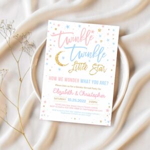 Editable twinkle twinkle little star gender reveal baby shower invitation boy girl shower blue pink invite 1
