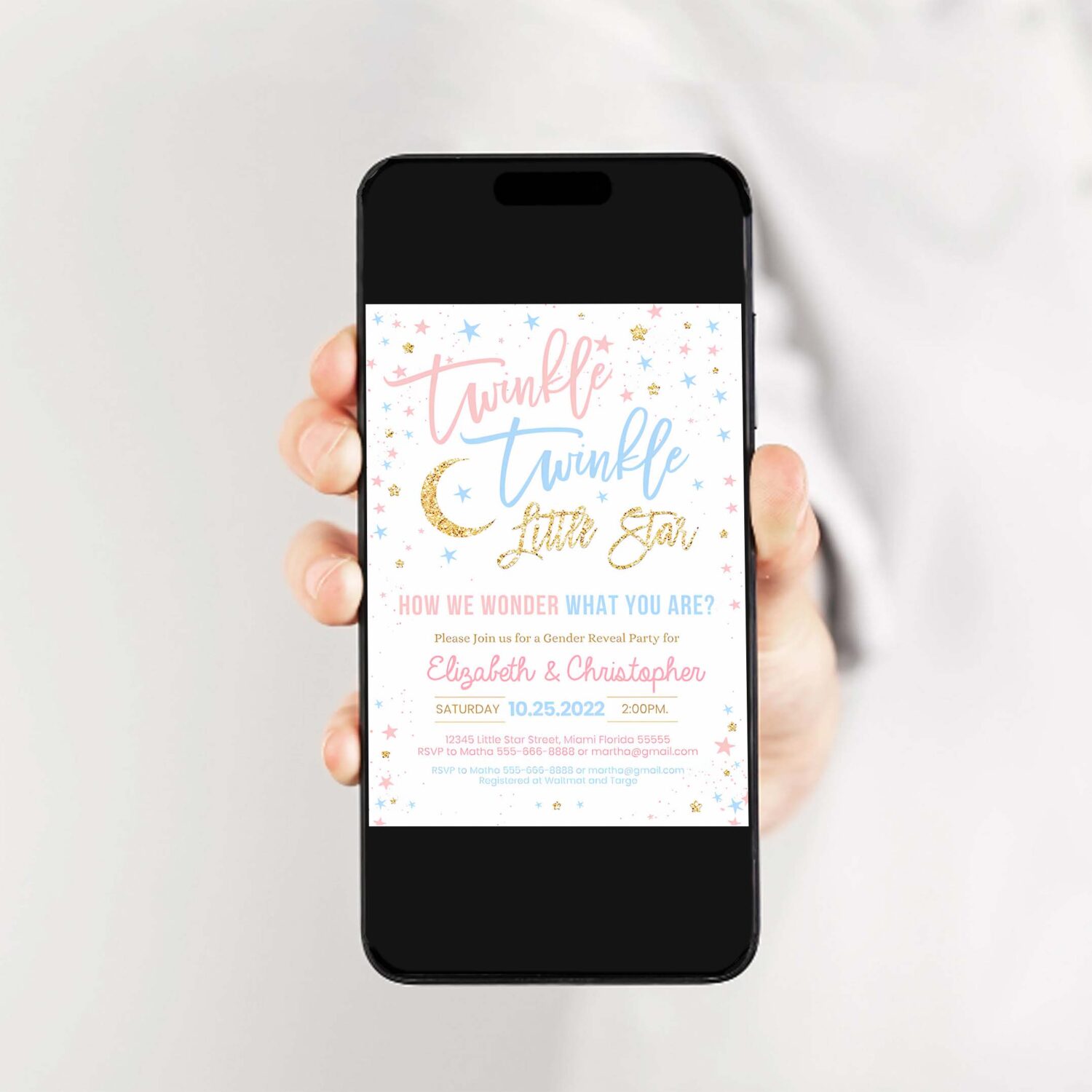 Editable twinkle twinkle little star gender reveal baby shower invitation boy girl shower blue pink invite 2