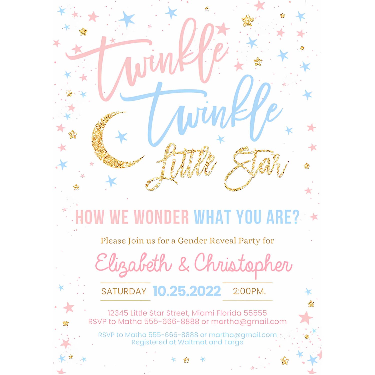 Editable twinkle twinkle little star gender reveal baby shower invitation boy girl shower blue pink invite 4
