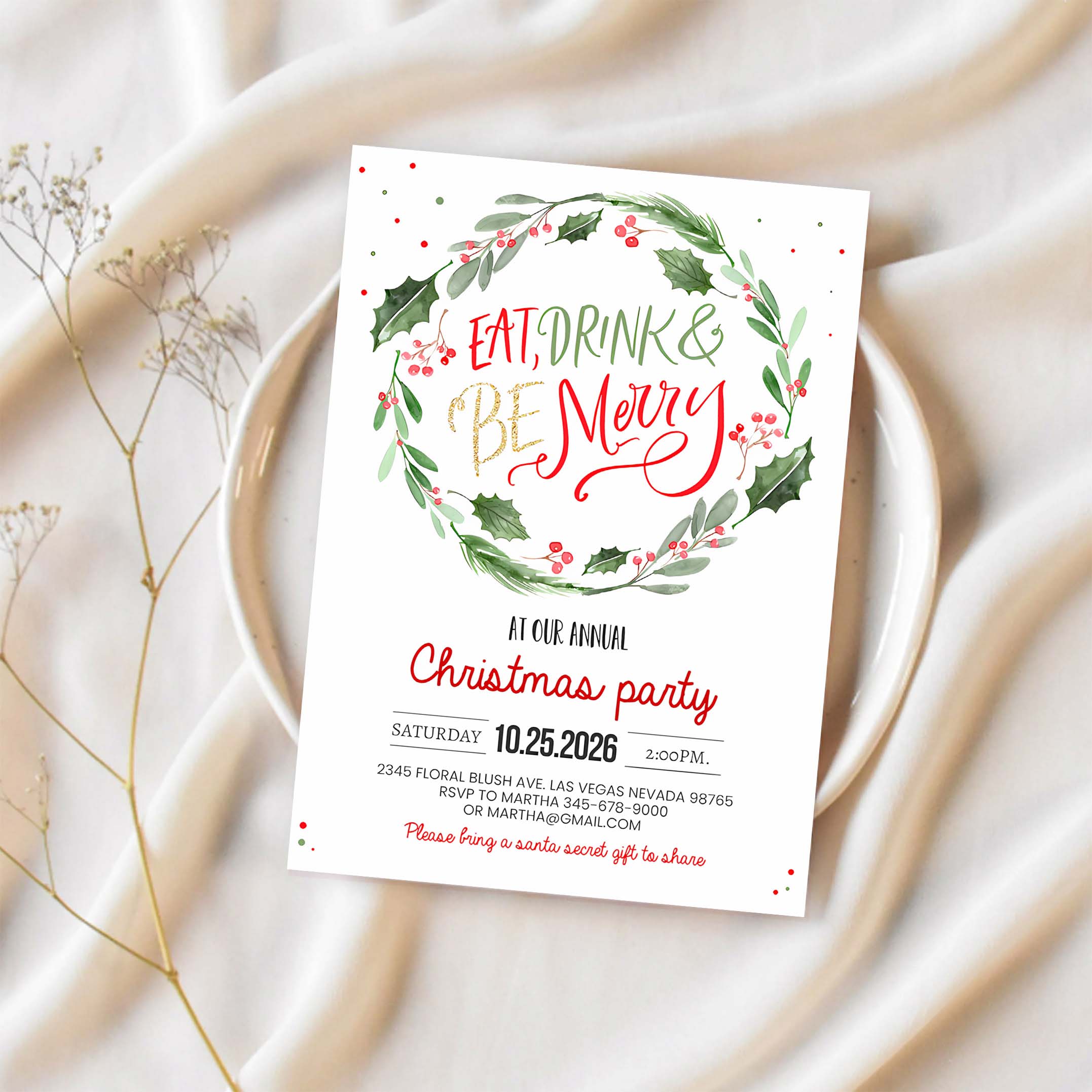 Eat Drink and Be Merry Christmas Party Invitation Holiday Party Invites Annual Holiday Party