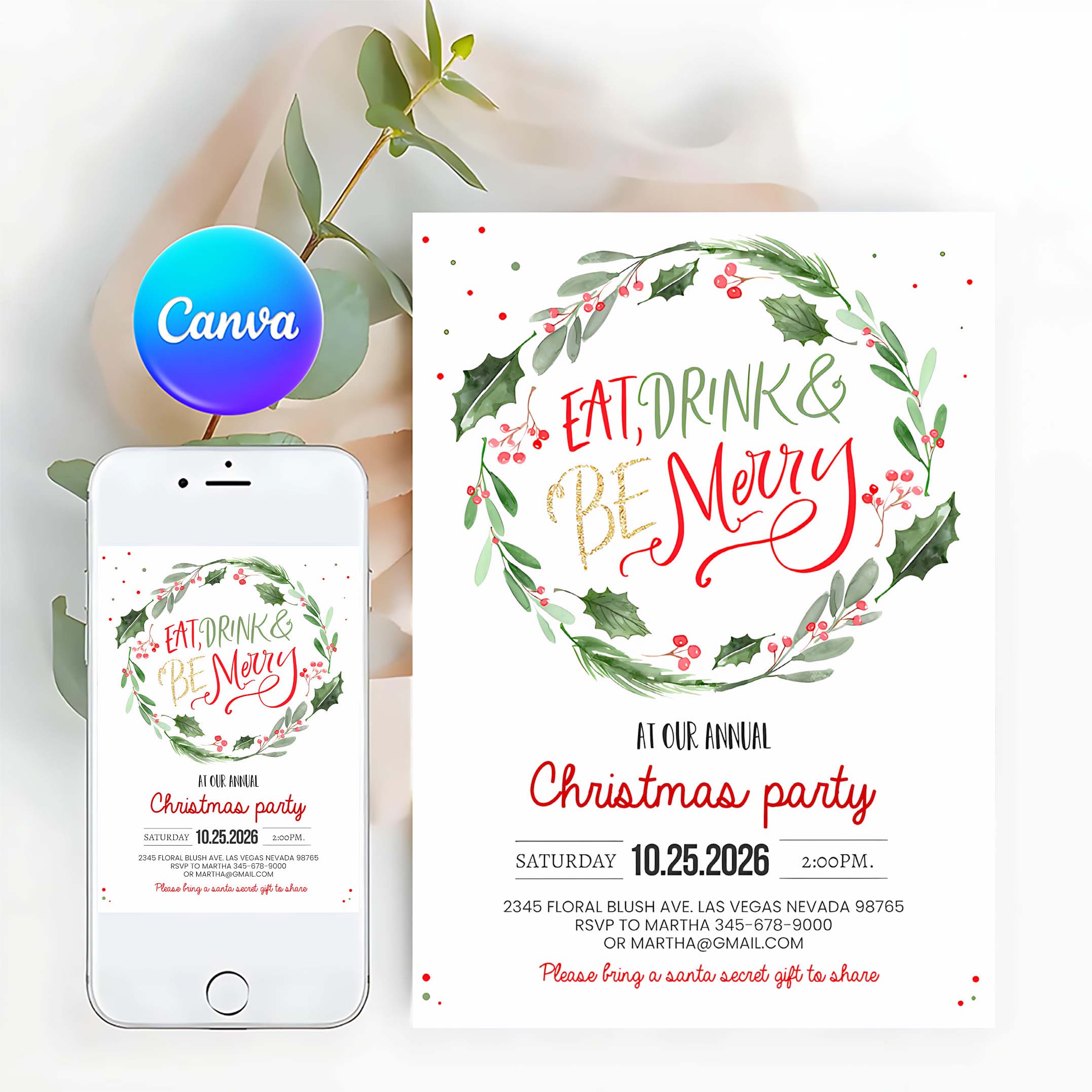 Eat Drink and Be Merry Christmas Party Invitation Holiday Party Invites Annual Holiday Party