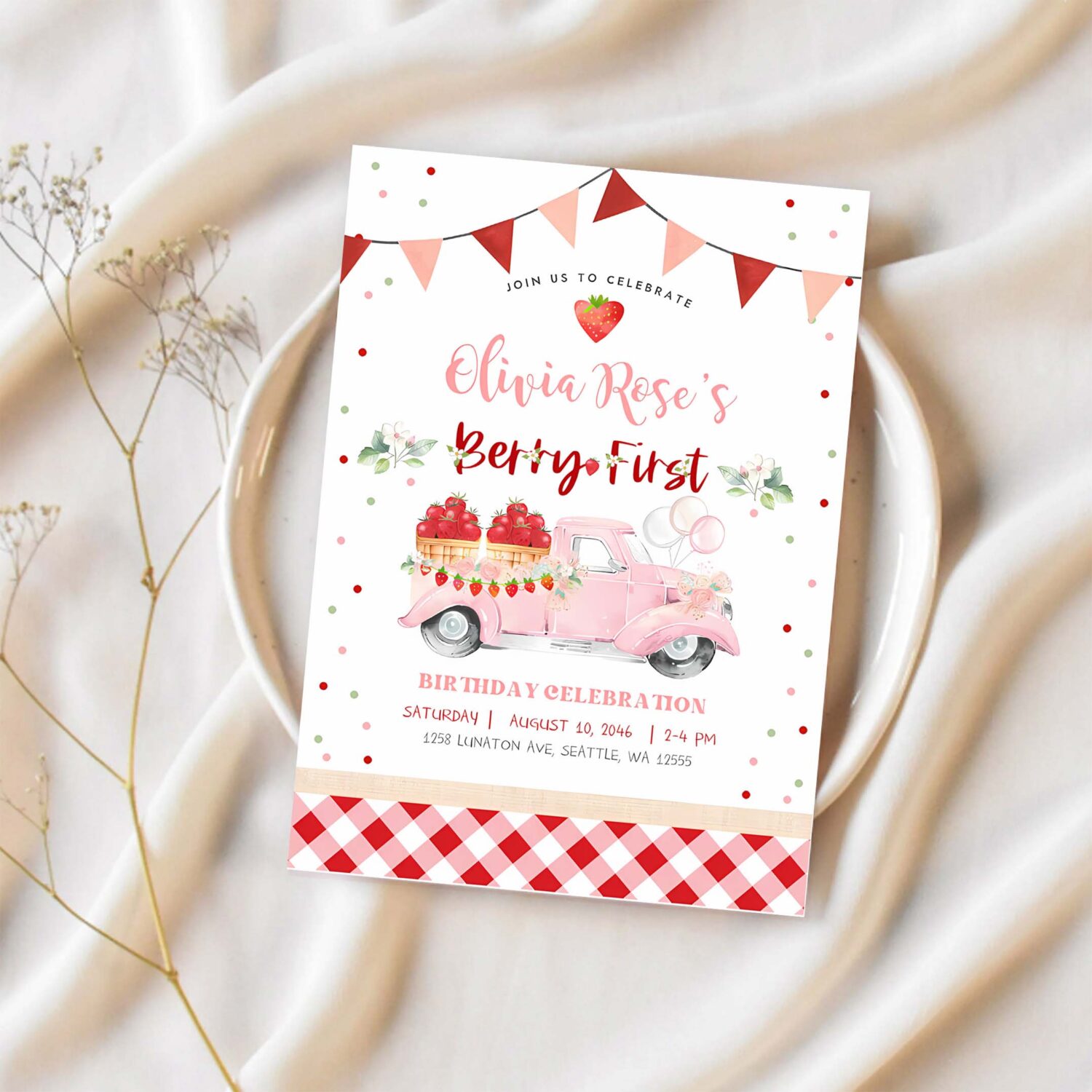 Editable 1st berry first strawberry birthday invitation photo berry sweet strawberry truck invite invites 1
