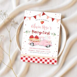 Editable 1st berry first strawberry birthday invitation photo berry sweet strawberry truck invite invites 1