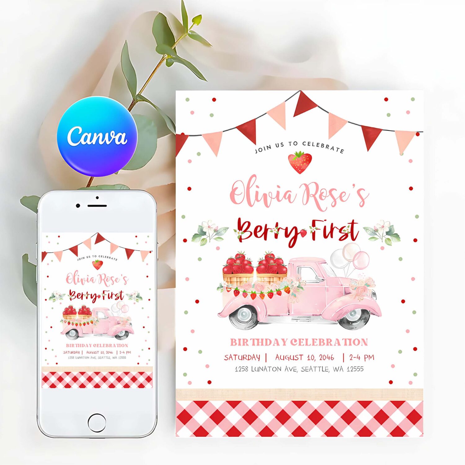 Editable 1st berry first strawberry birthday invitation photo berry sweet strawberry truck invite invites