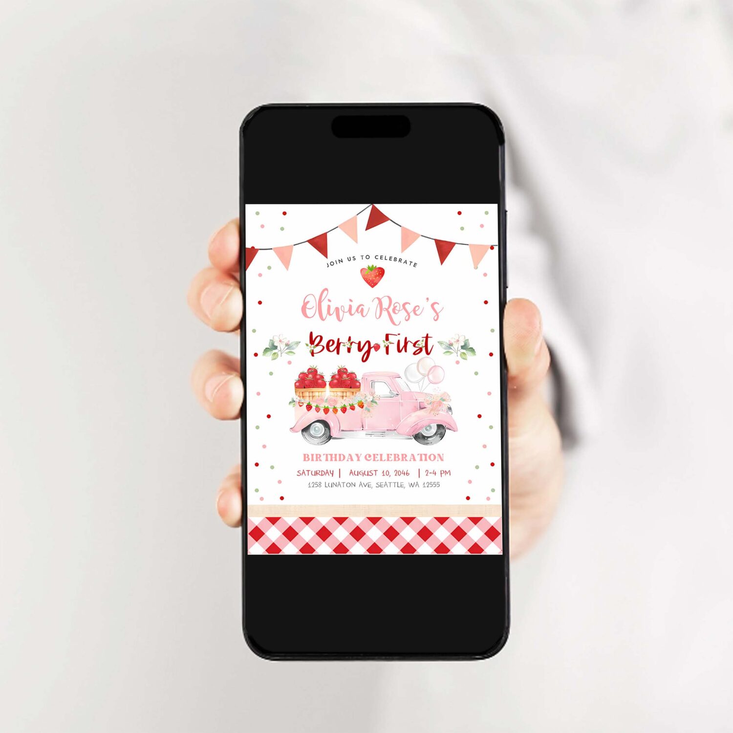 Editable 1st berry first strawberry birthday invitation photo berry sweet strawberry truck invite invites 2