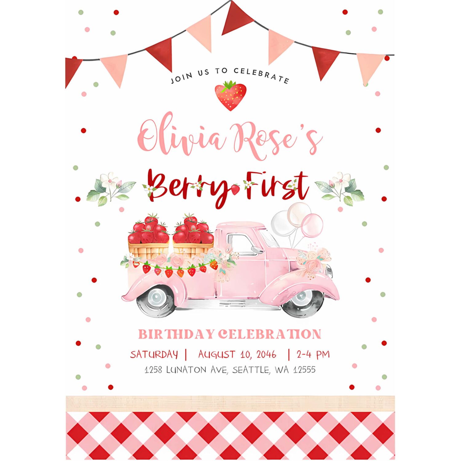 Editable 1st berry first strawberry birthday invitation photo berry sweet strawberry truck invite invites 4