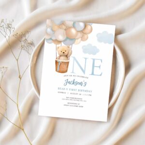 Editable 1st birthday boy teddy bear hot air balloon birthday invitation beary 1st birthday invite printable 1