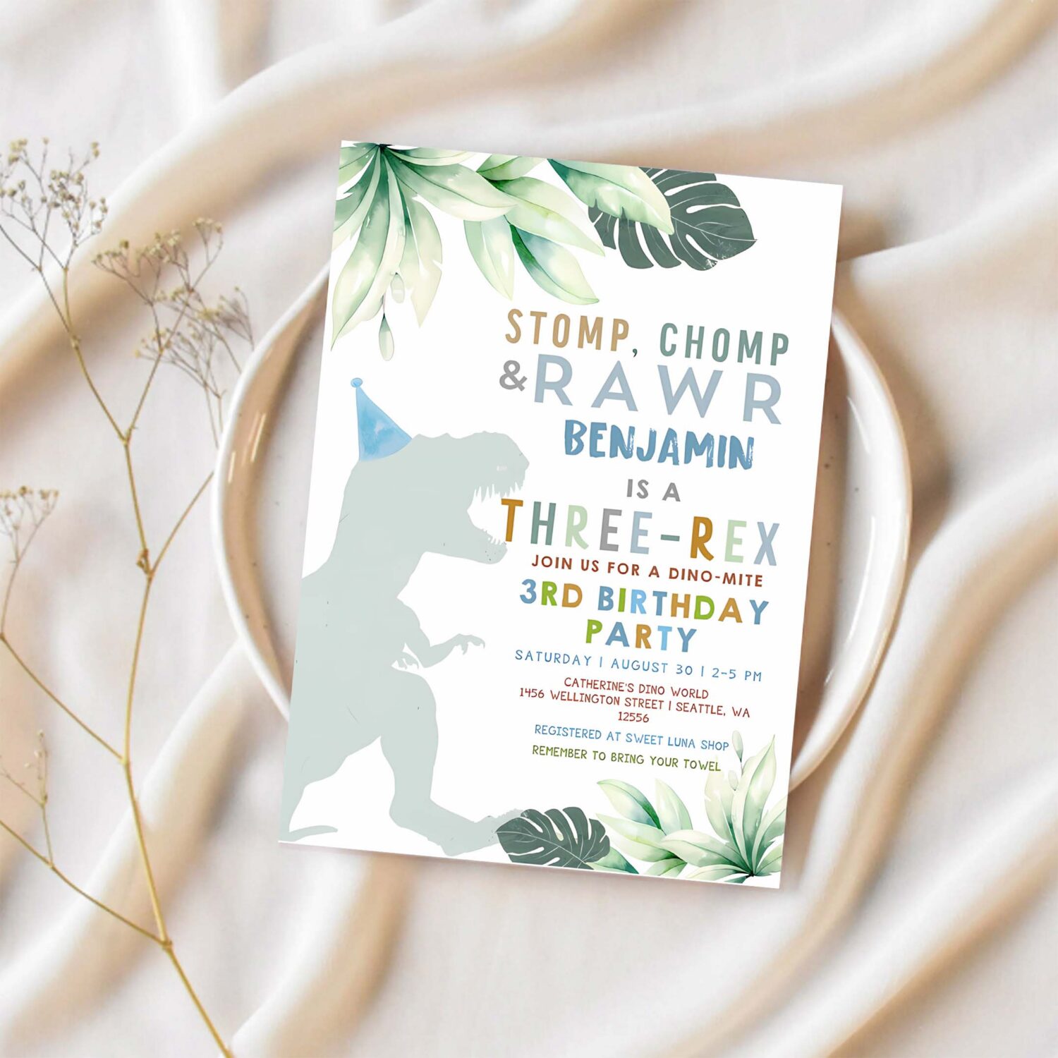 Editable 3rd birthday boy three rex invite dino dinosaur t rex boy dino mite invitation printable template 1