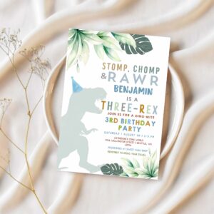 Editable 3rd birthday boy three rex invite dino dinosaur t rex boy dino mite invitation printable template 1