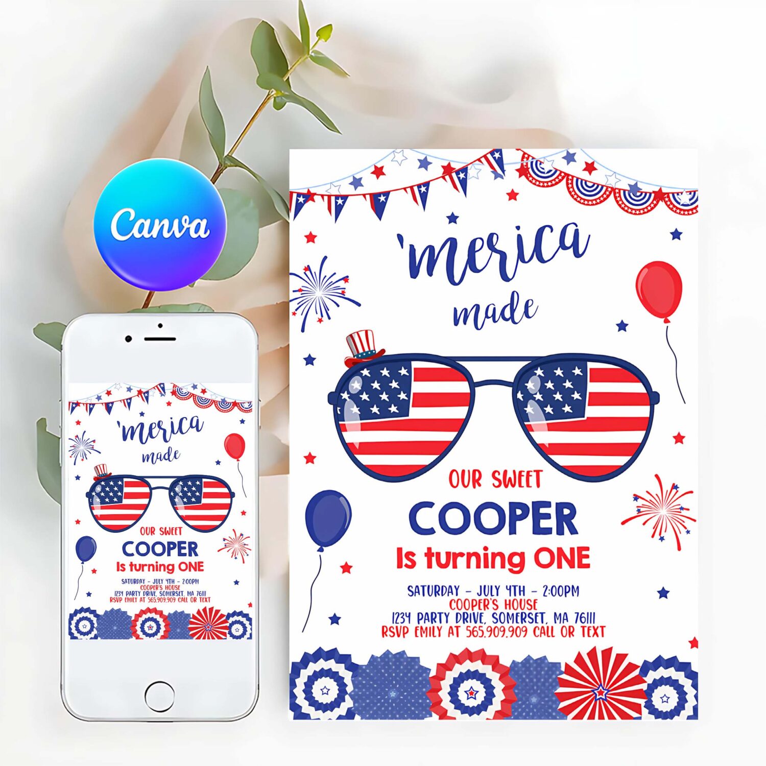Editable 4th of july birthday invitation 4th of july merica made 1st birthday memorial day independence day party