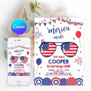 4th Of July Invitation, Merica Made 1st Birthday, Memorial Day, 4th Of July Birthday Invitation