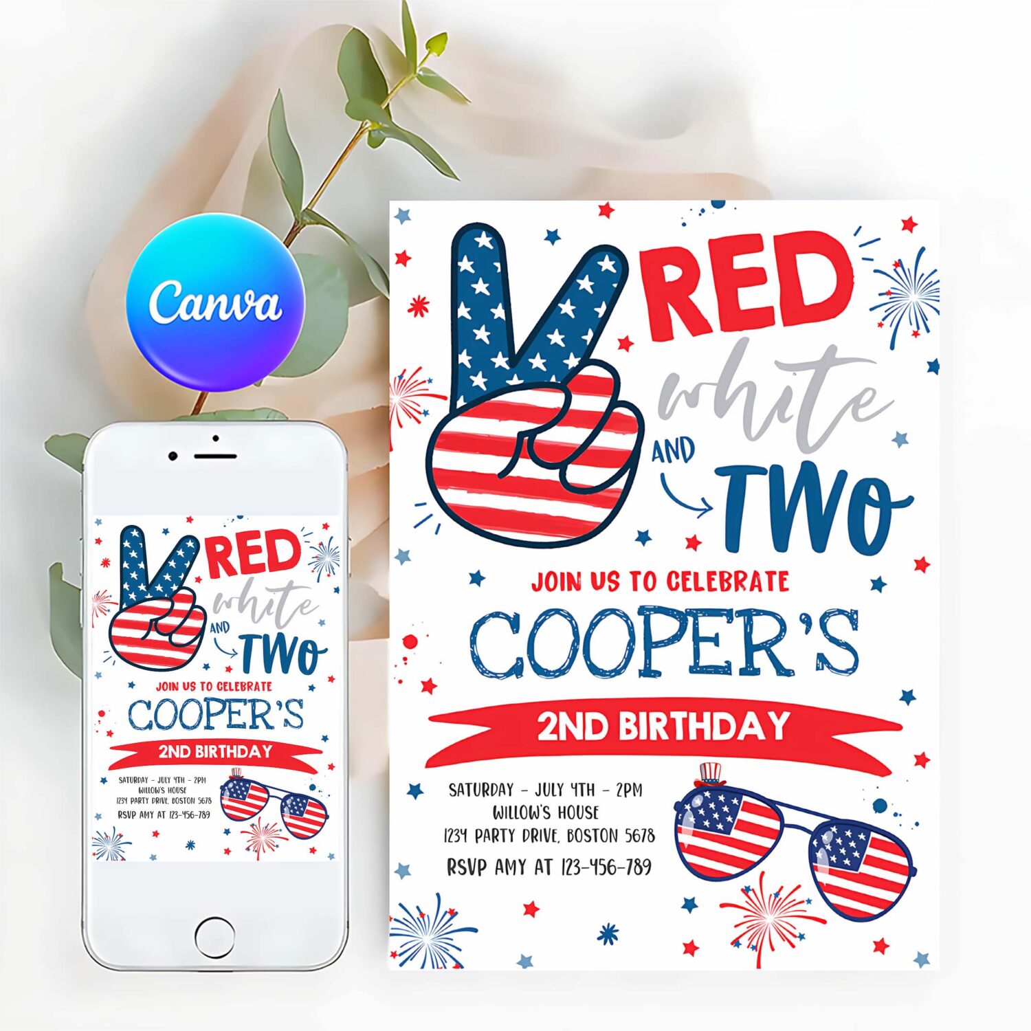 Editable 4th of july birthday invitation 4th of july red white and two 2nd birthday party memorial day birthday party