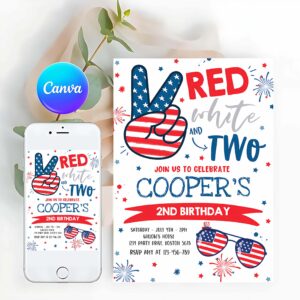 4th Of July Invitation, 4th Of July Red White And Two 2nd Birthday Party, Memorial Day Birthday Invitation
