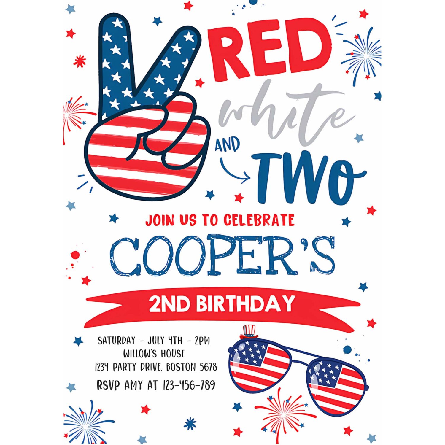 Editable 4th of july birthday invitation 4th of july red white and two 2nd birthday party memorial day birthday party 4