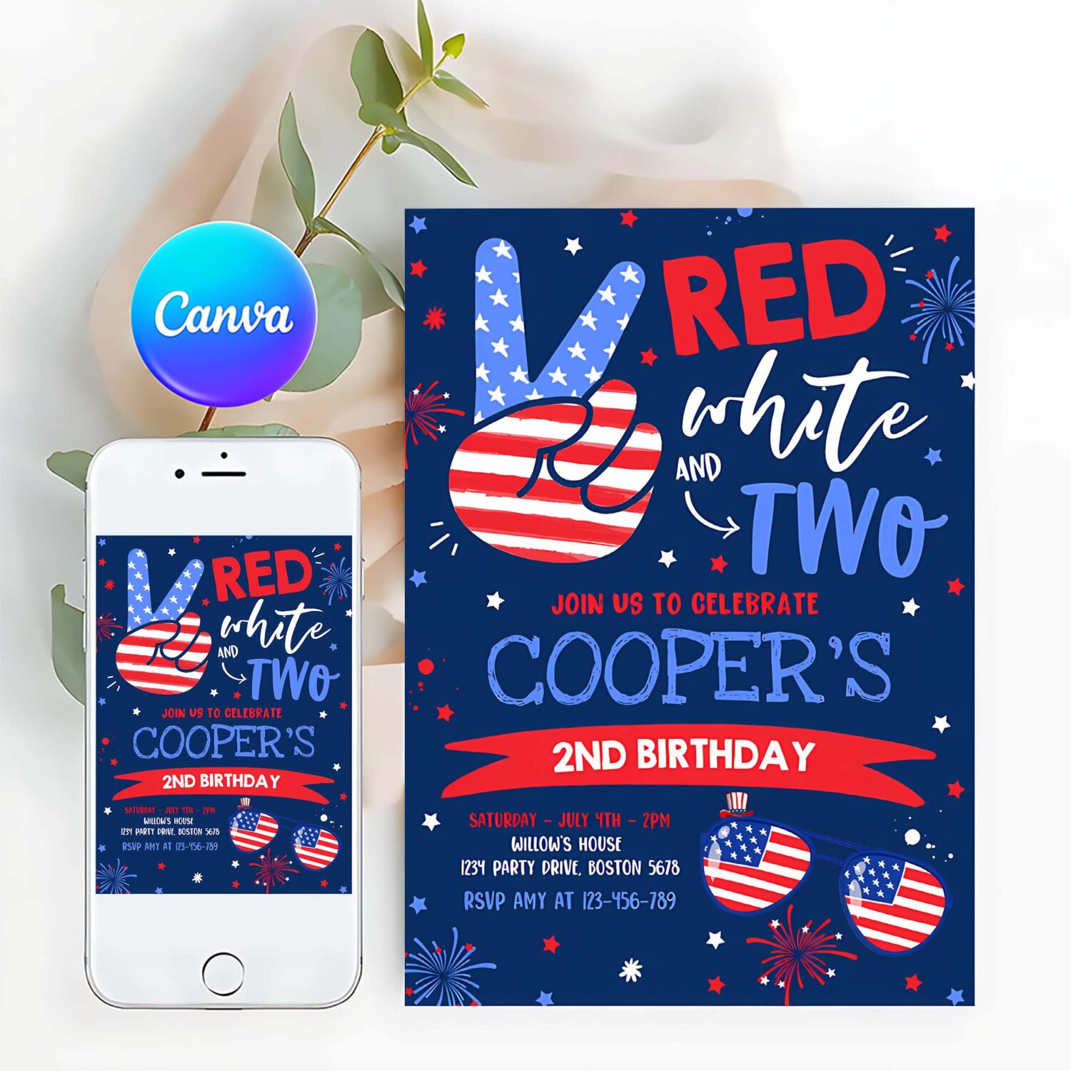 Editable 4th of july birthday invitation 4th of july red white and two 2nd birthday party memorial day party