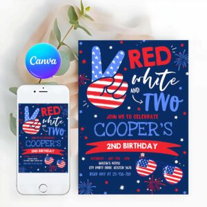 4th Of July Invitation, 4th Of July Red White And Two 2nd Birthday Party, Memorial Day Party Invitation