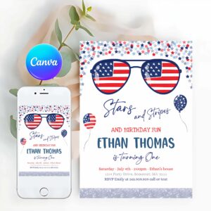 4th Of July Invitation, 4th Of July Stars & Stripe 1st Birthday, Memorial Day Independence Day Party Invitation
