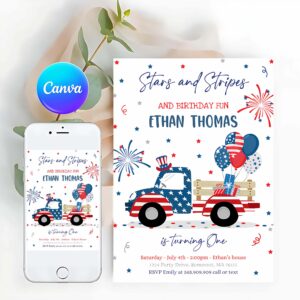 4th Of July Invitation, 4th Of July Stars & Stripe Truck Birthday, Memorial Day Independence Day Party Invitation
