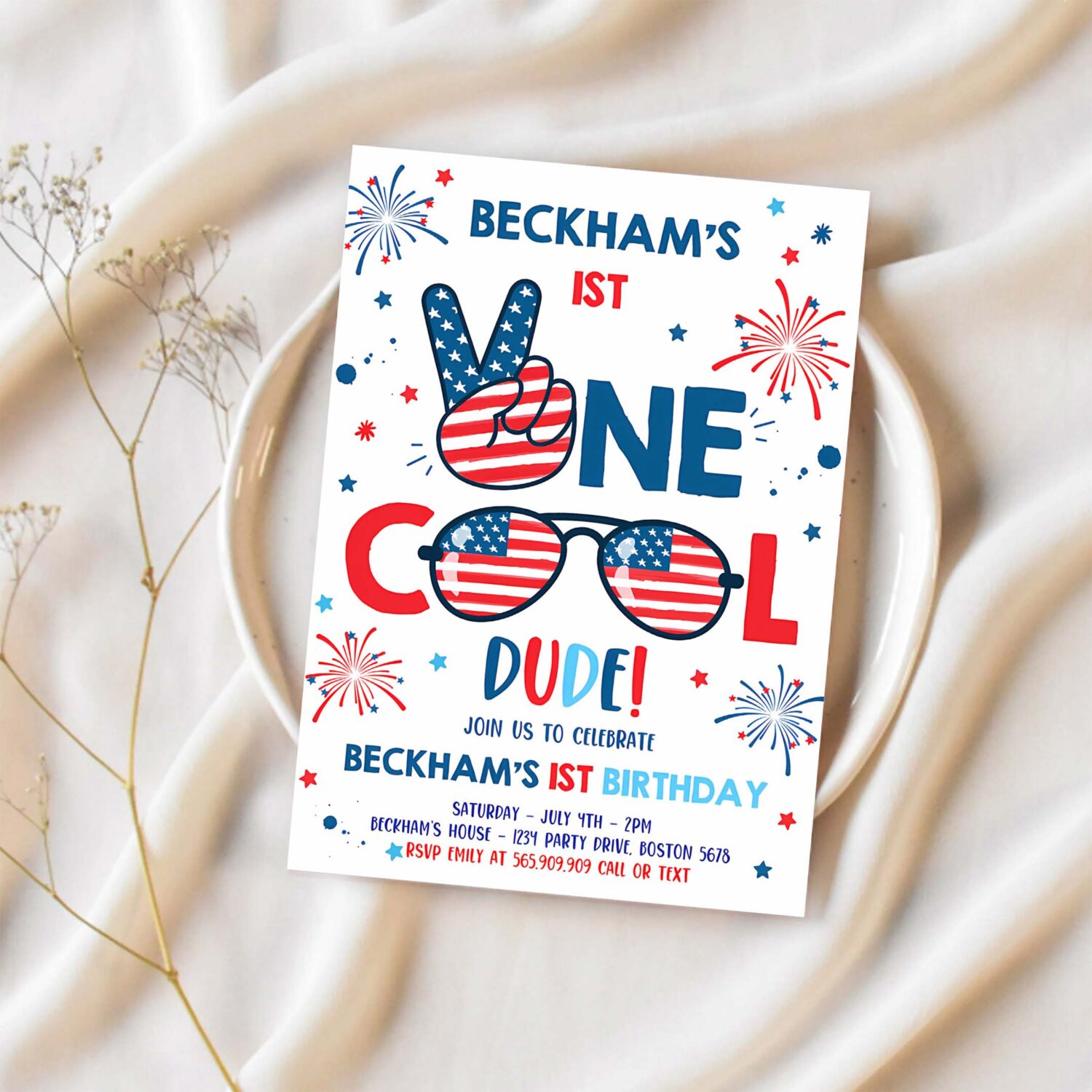 Editable 4th of july birthday invitation one cool dude 4th of july 1st birthday invitation memorial day birthday party 1