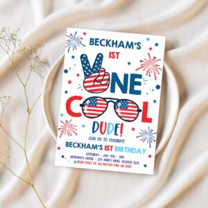 Editable 4th of july birthday invitation one cool dude 4th of july 1st birthday invitation memorial day birthday party 1
