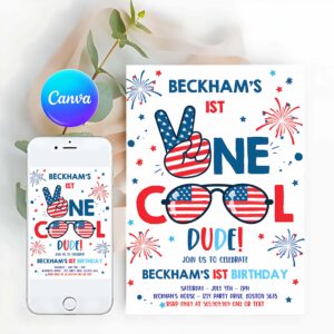 4th Of July Invitation, One Cool Dude 4th Of July 1st Birthday Invitation, Memorial Day Birthday Invitation