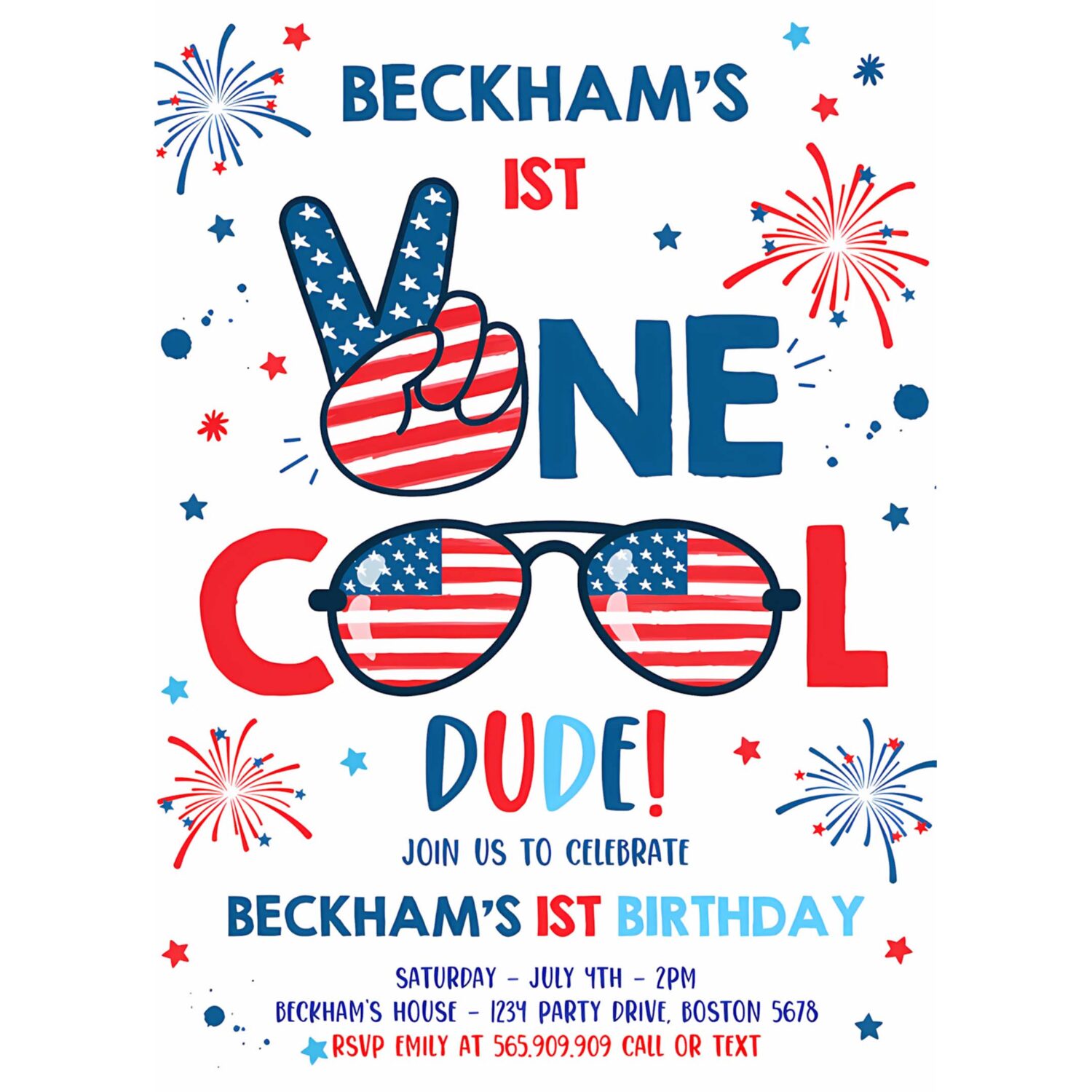 Editable 4th of july birthday invitation one cool dude 4th of july 1st birthday invitation memorial day birthday party 4