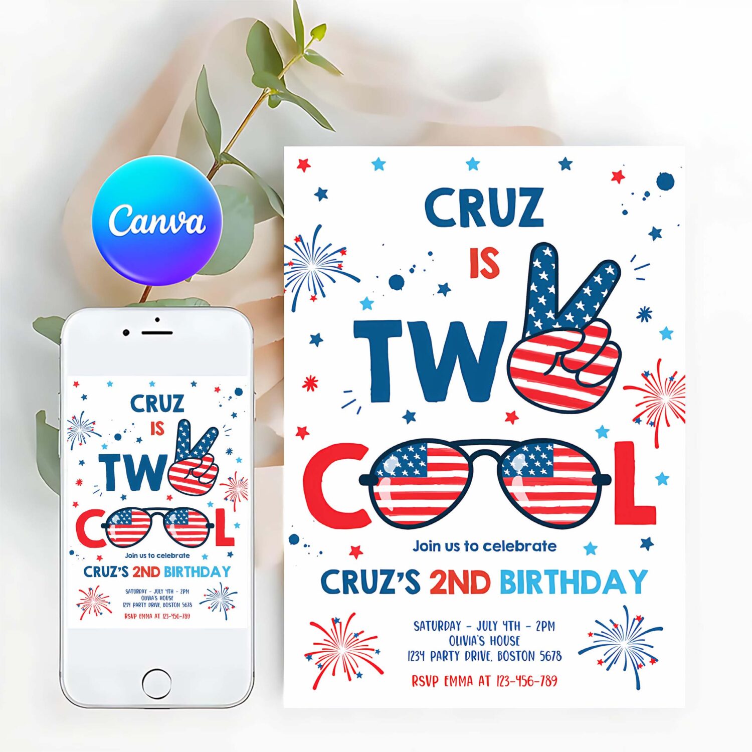 Editable 4th of july birthday invitation two cool dude 4th of july 2nd birthday invitation memorial day birthday party
