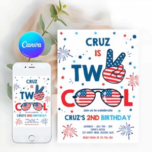 4th Of July Invitation, Two Cool Dude 4th Of July 2nd Birthday Invitation, Memorial Day Birthday Invitation