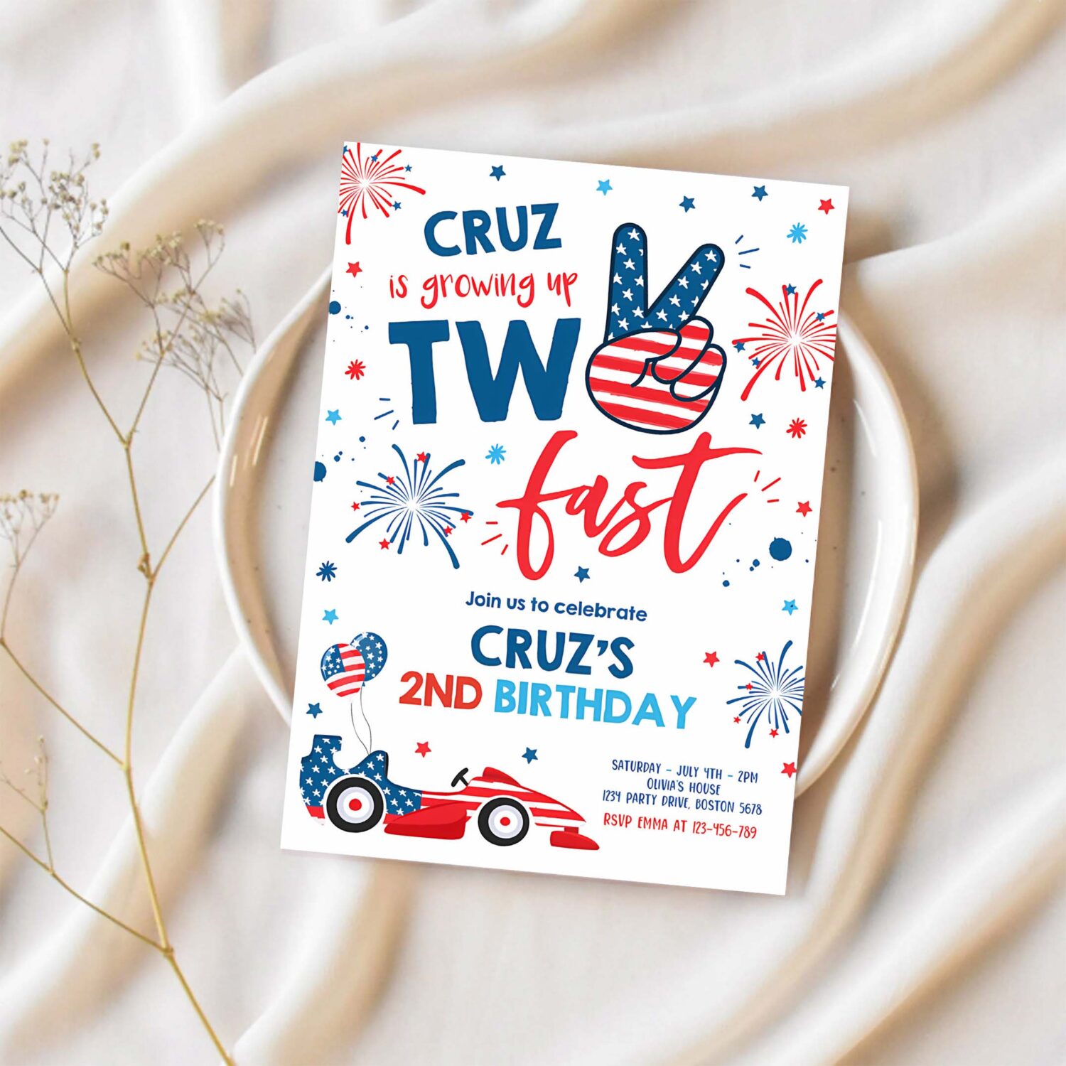 Editable 4th of july birthday invitation two fast 2nd birthday invitation 4th of july 2nd birthday memorial day party 1