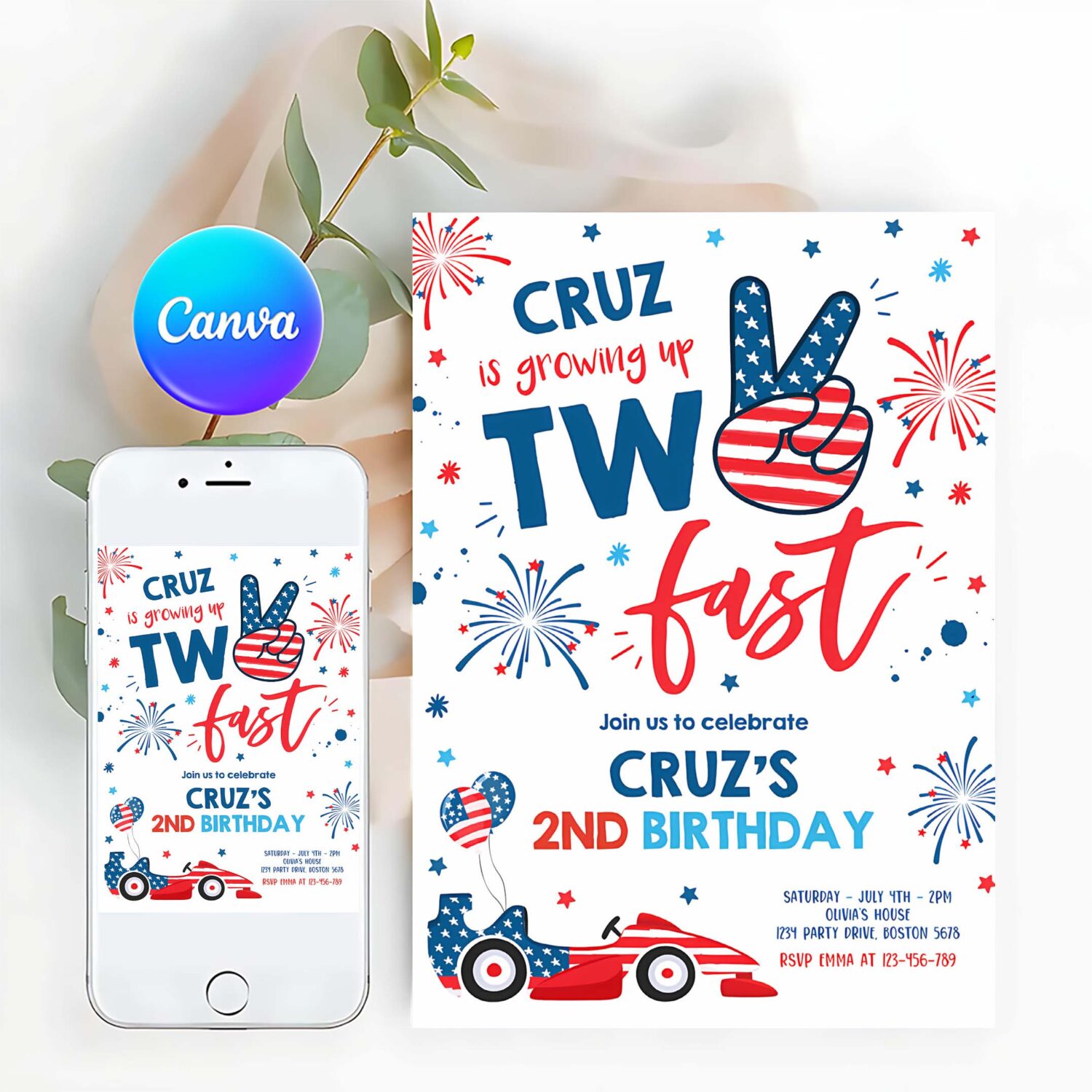 Editable 4th of july birthday invitation two fast 2nd birthday invitation 4th of july 2nd birthday memorial day party