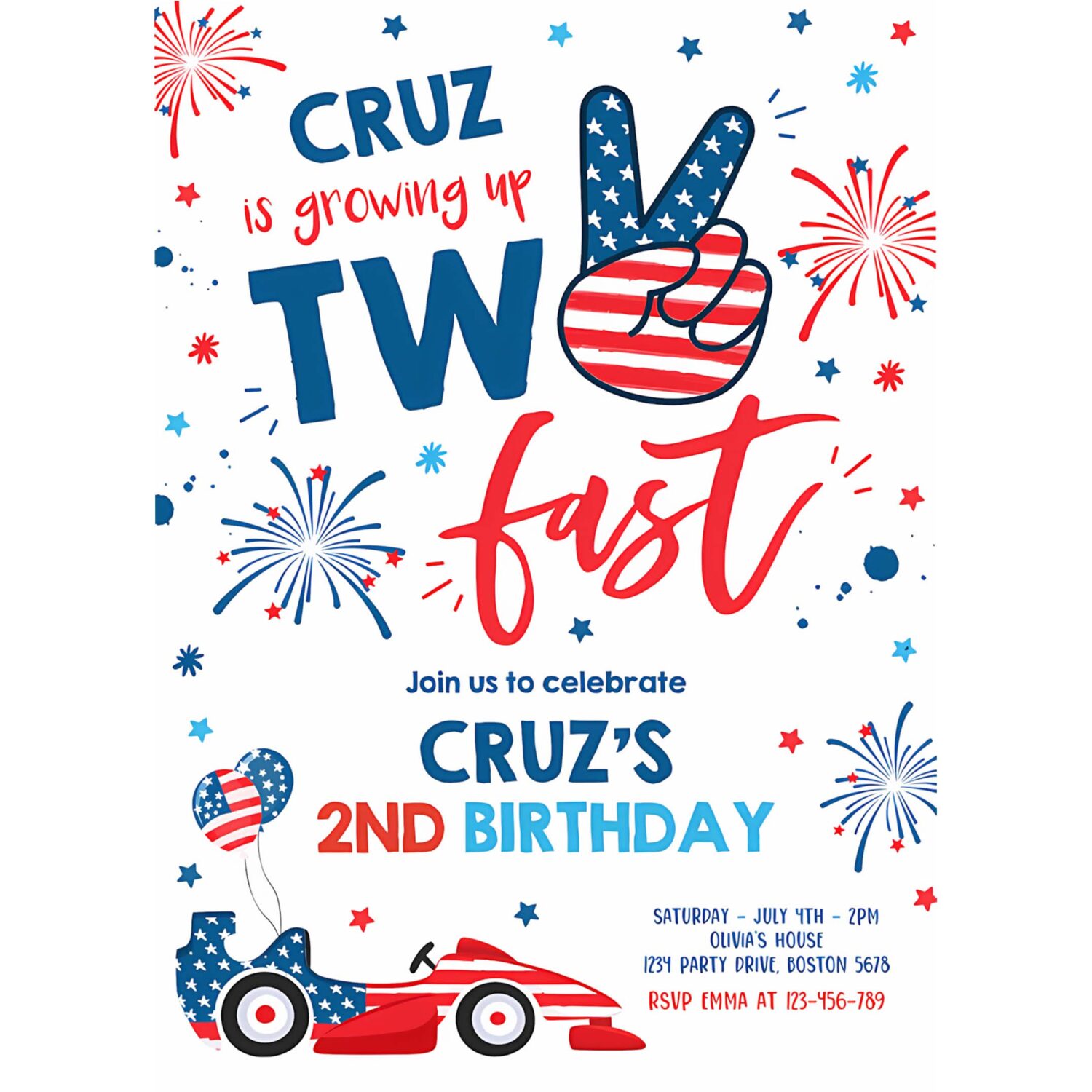 Editable 4th of july birthday invitation two fast 2nd birthday invitation 4th of july 2nd birthday memorial day party 4