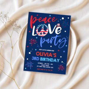 Editable 4th of july birthday party invitation peace love party 4th of july birthday memorial day independence day blue party 1