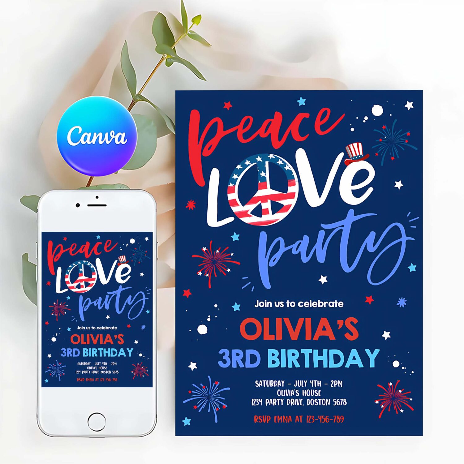 Editable 4th of july birthday party invitation peace love party 4th of july birthday memorial day independence day blue party