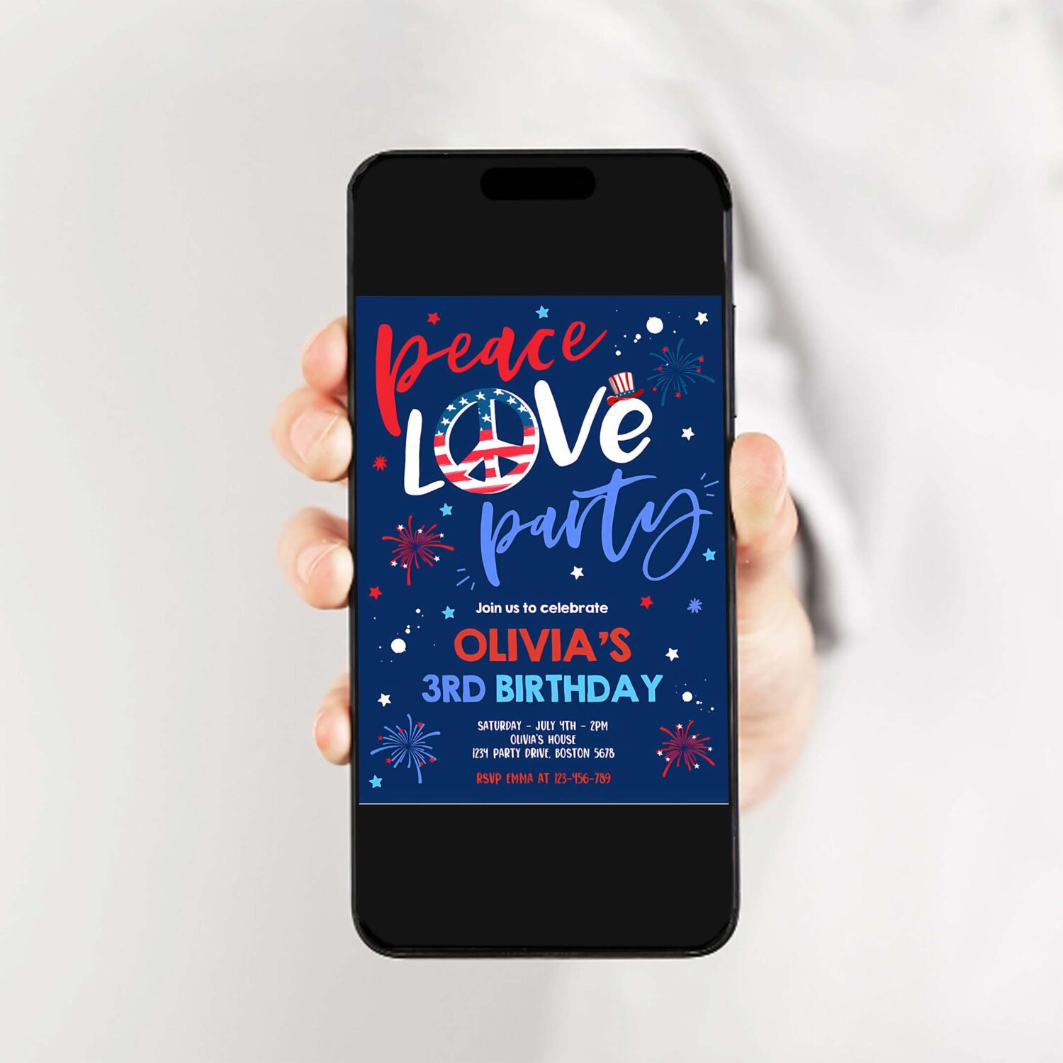 Editable 4th of july birthday party invitation peace love party 4th of july birthday memorial day independence day blue party 2