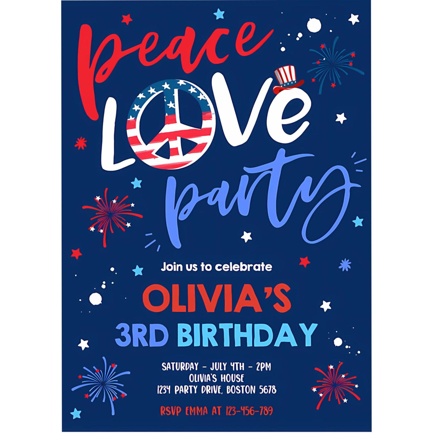 Editable 4th of july birthday party invitation peace love party 4th of july birthday memorial day independence day blue party 4