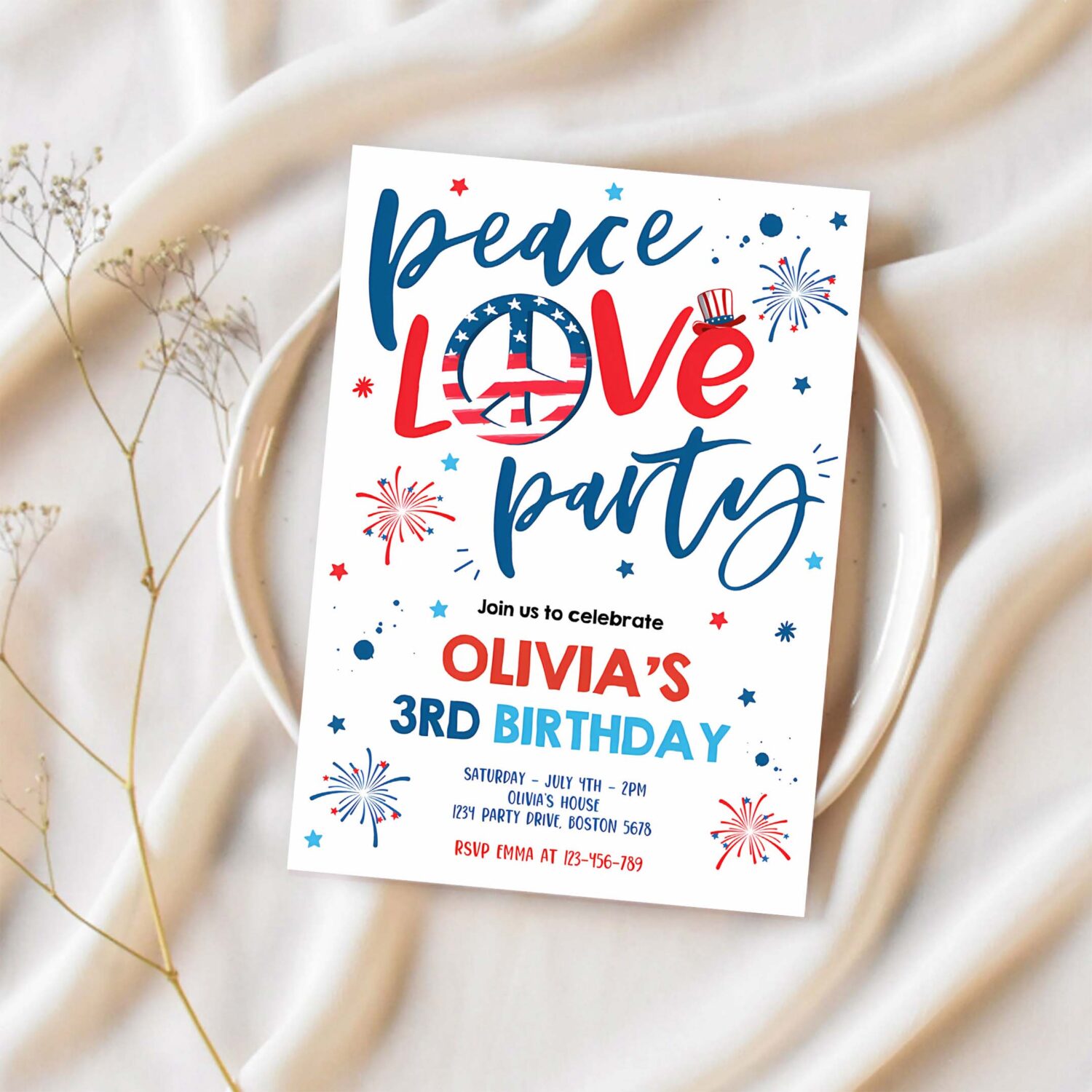 Editable 4th of july birthday party invitation peace love party 4th of july birthday memorial day independence day party 1